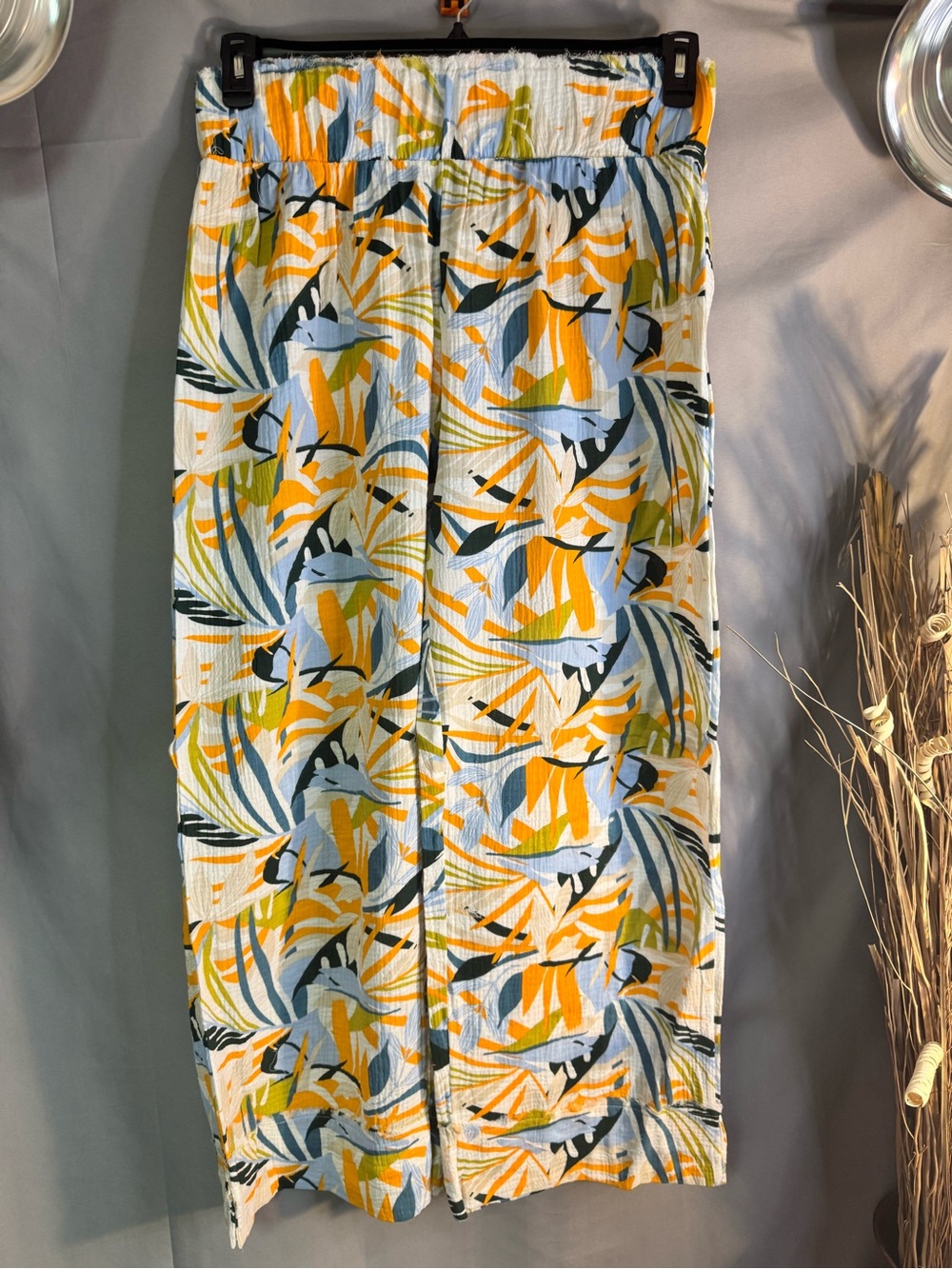 Ashley Stewart Wide Leg Pants in Yellow, Blue & Green Tropical Print